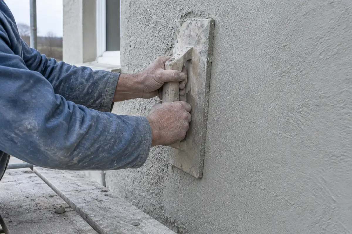 Mains d'un façadier qui lisse un enduit frais à la taloche sur un mur de maison
